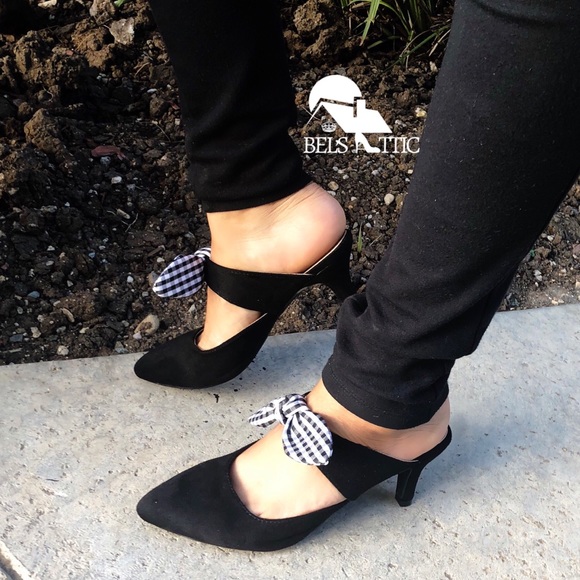 Shoes - Black Gingham Bow Strap Kitten Heel Mule Pumps